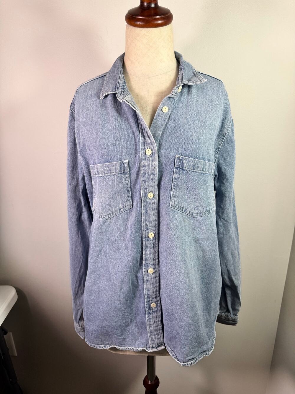 Quince Women's Denim Distressed Shirt Size Large Long Sleeve Button Down